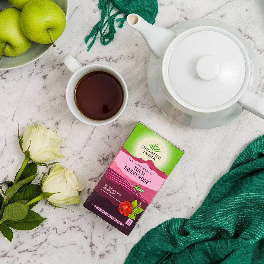 Organic India BIO Tulsi Sweet Rose Tea herbal infusion bag with fragrant rose and tulsi leaves, caffeine-free, 25 bags.