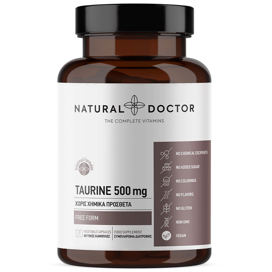 VITAREA Natural Doctor Taurine 500 mg supplement in a bottle with 120 vegetarian capsules, dietary health and wellness product