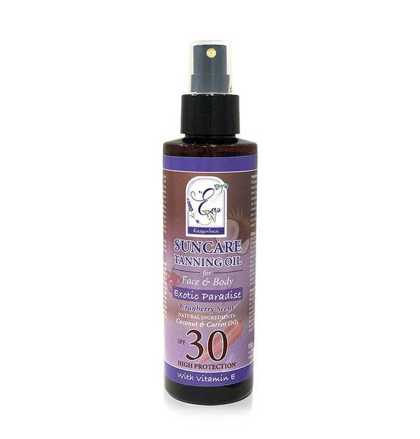 ELIPACK ‘Εαρ Suncare Tanning Oil SPF30 for face and body, exotic paradise scent, 150ml, skin care product with sun protection.