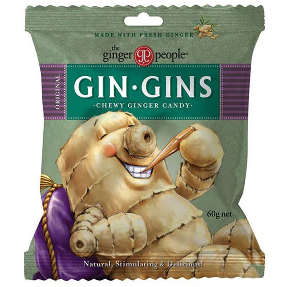 The Ginger People Gin Gins Original Ginger Chews in a 60g bag, showing the ginger candy pieces inside the clear packaging.