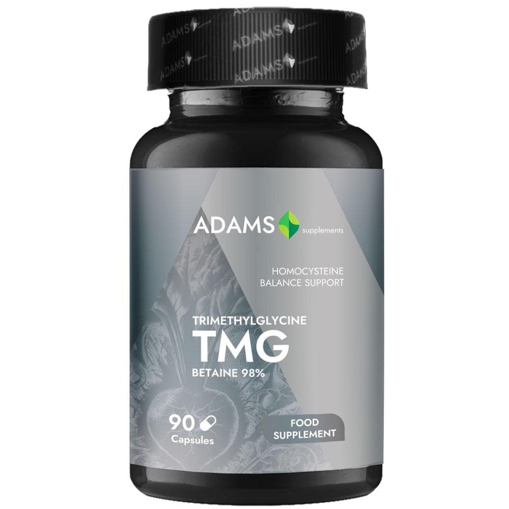 Adams Supplements TMG (Trimethylglycine) Betaine 600mg supplement bottle with 90 capsules, showing the product label.