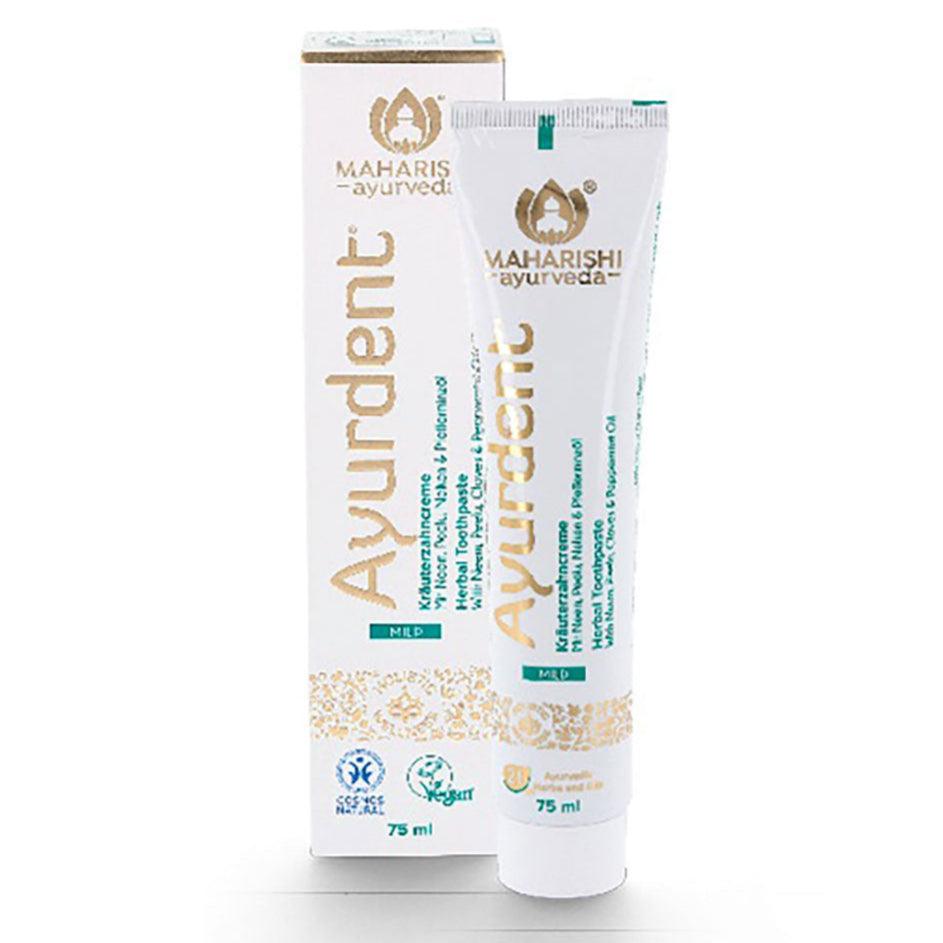 Herbalistas Maharishi Ayurveda Ayurdent Mild Toothpaste in 75 ml tube showing herbal-infused toothpaste for gentle oral care.