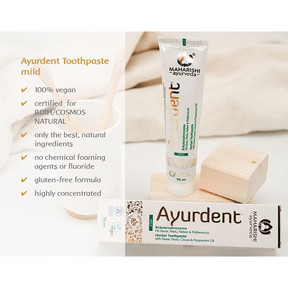 Herbalistas Maharishi Ayurveda Ayurdent Mild Toothpaste 75ml tube with herbal ingredients visible on the packaging