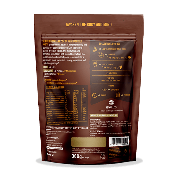Iswari BIO Super Breakfast cocoa and hazelnut paste in 360g jar, gluten-free superfood spread with natural ingredients.