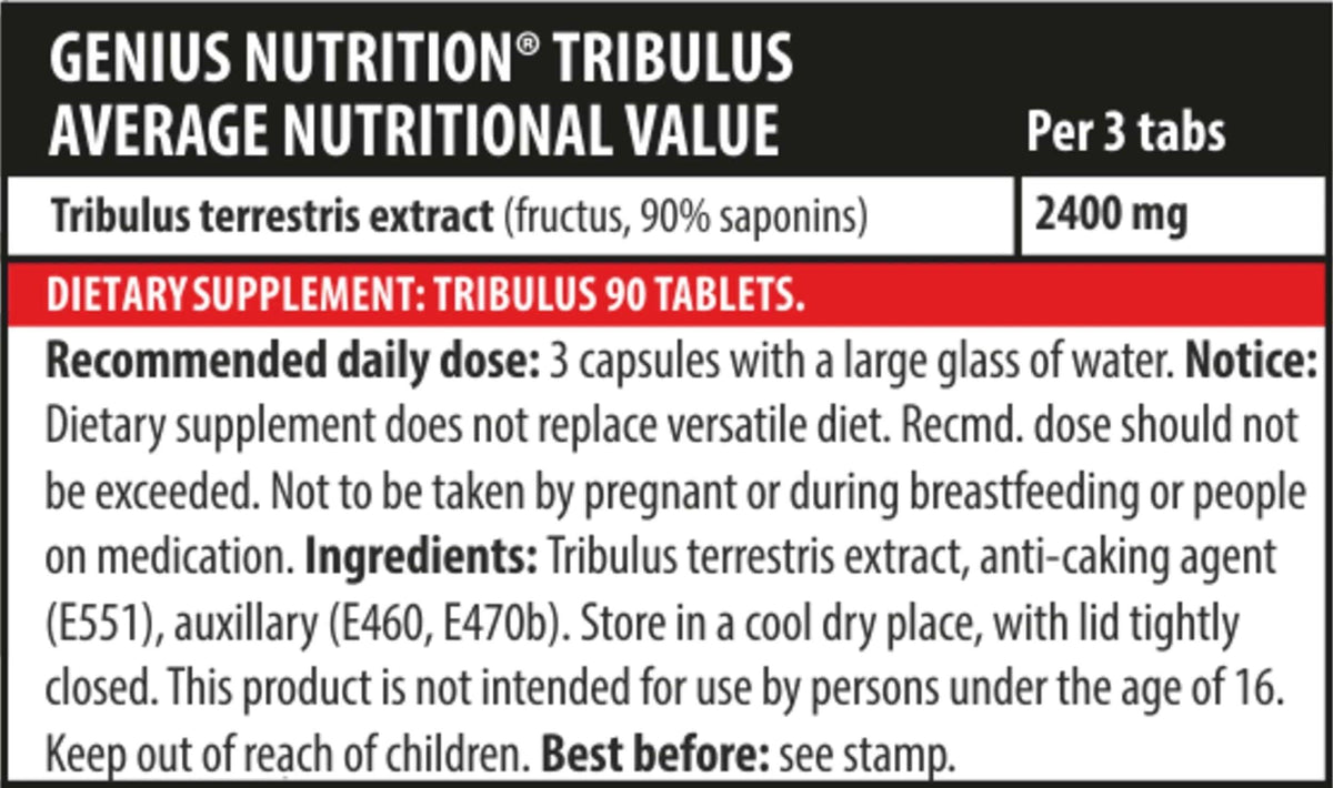 Genius Nutrition Tribulus supplement bottle with 90 tablets, natural herbal supplement for fitness and vitality.