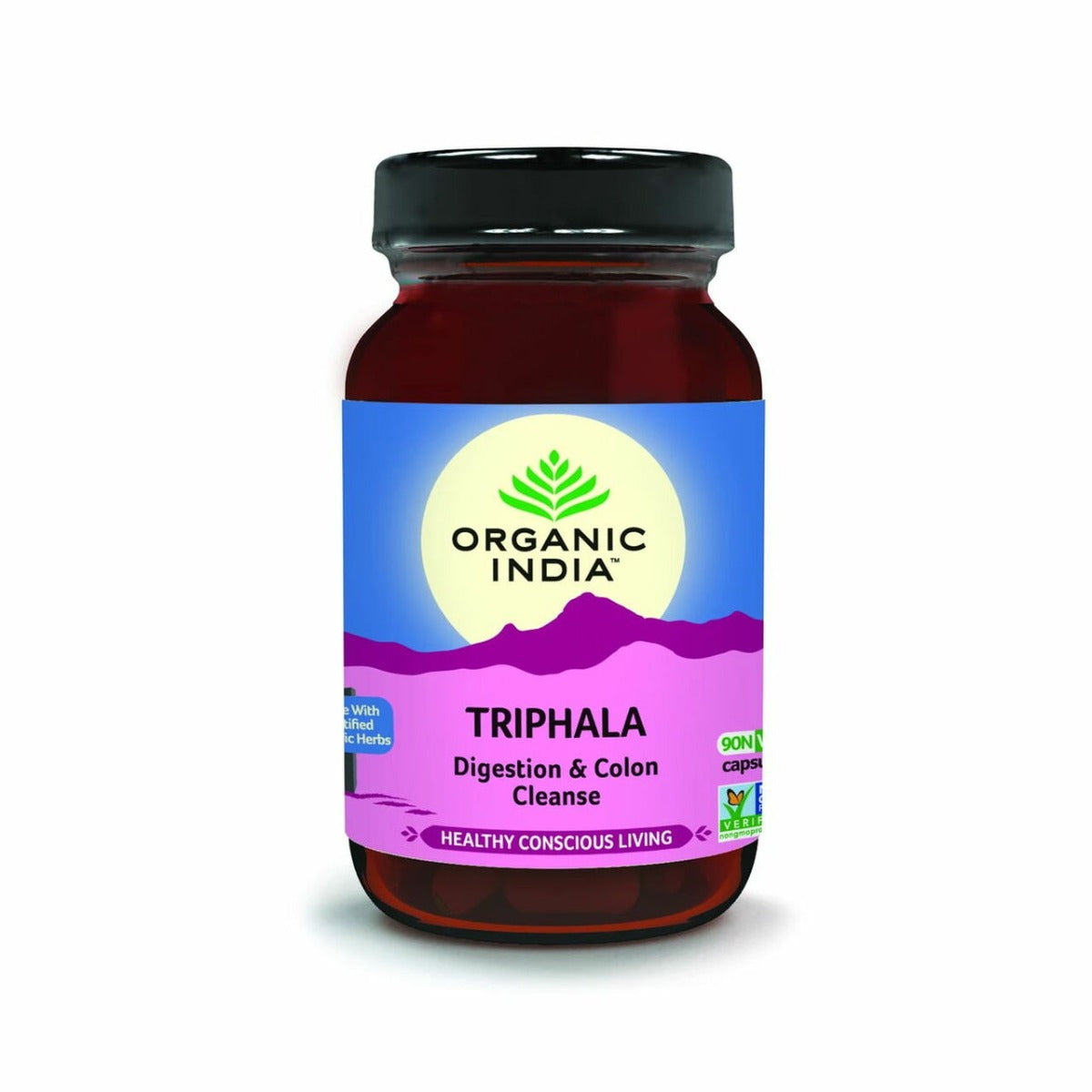 Organic India BIO Triphala capsules by Herbalistas, showcasing a bottle of 90 herbal supplement capsules on a white background.