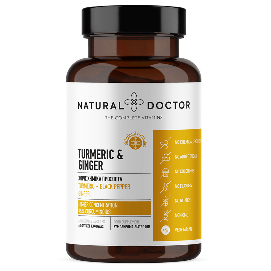 VITAREA Natural Doctor Turmeric & Ginger supplement bottle with 60 vegetarian capsules on a white background.