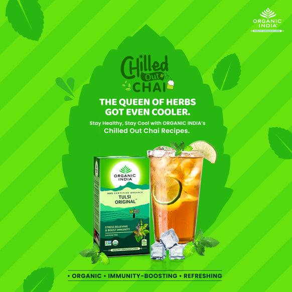 Organic India BIO Tulsi Original Tea in a box with 25 infusion bags, featuring fresh, natural herbs and vibrant packaging.