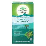 Organic India Tulsi Gotu Kola herbal tea bags, caffeine-free, with 25 infusion bags, featuring colorful tea packaging.