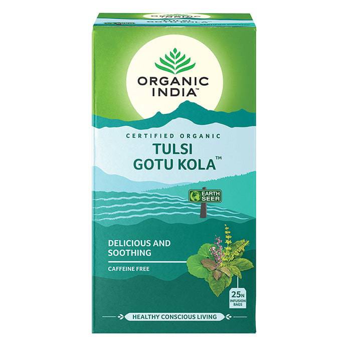 Organic India Tulsi Gotu Kola herbal tea bags, caffeine-free, with 25 infusion bags, featuring colorful tea packaging.