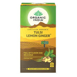 Organic India BIO Tulsi Lemon Ginger herbal tea infusion bags, caffeine-free with fresh lemon and ginger flavor.