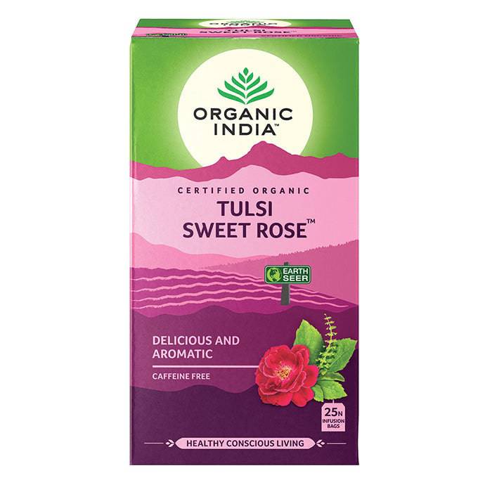 Organic India BIO Tulsi Sweet Rose Tea in 25 infusion bags, caffeine-free herbal tea with rose and tulsi leaves, natural and aromatic.