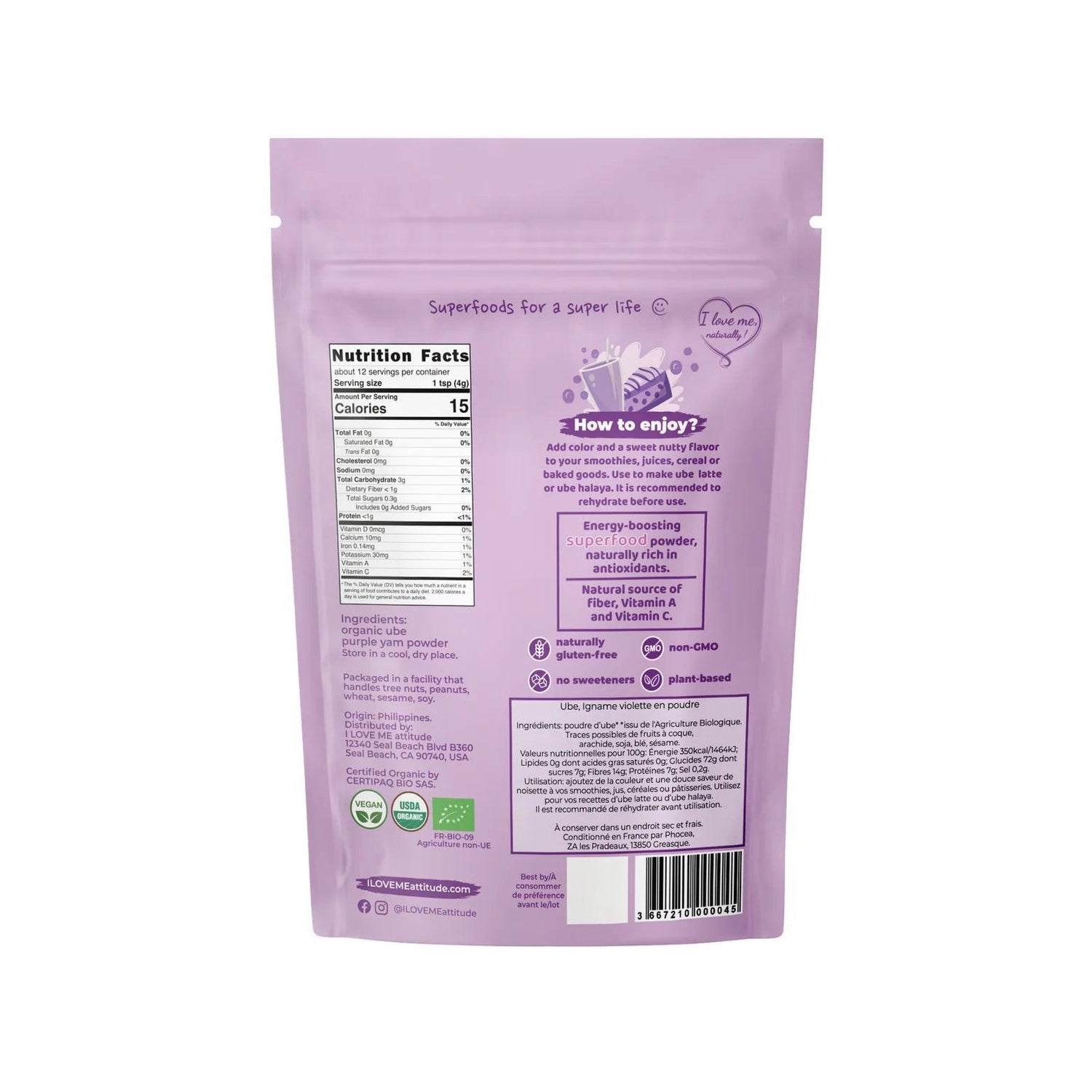 Organic Ube Purple Yam Powder by ILOVE ME in a 50g package, showcasing vibrant purple powder in a clear container.