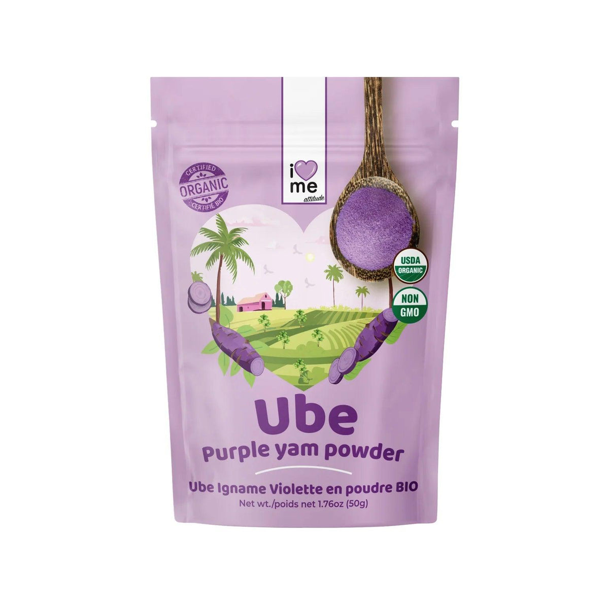 Organic purple yam powder from ILOVE ME, 50g, showing vibrant purple Ube powder in a clear container.