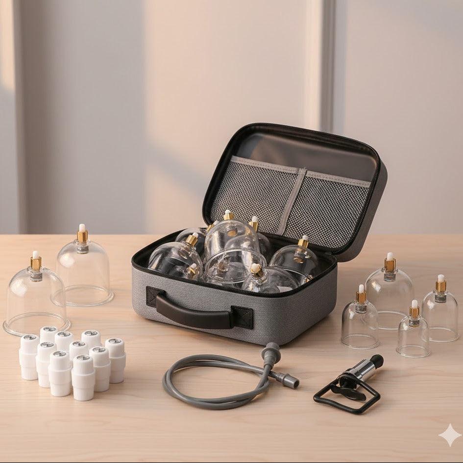 TEMU cupping and relaxation kit with vacuum cups and manual pump for massage and muscle relief.