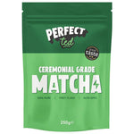 Herbalistas PerfectTed ceremonial grade matcha powder in a 250g bag, vibrant green, finely ground, ideal for HeReCa use.