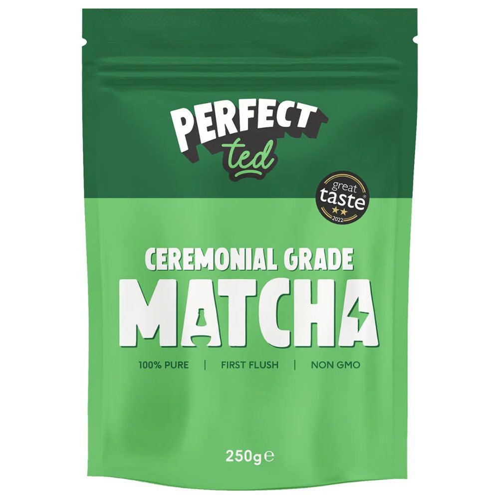 Herbalistas PerfectTed ceremonial grade matcha powder in a 250g bag, vibrant green, finely ground, ideal for HeReCa use.