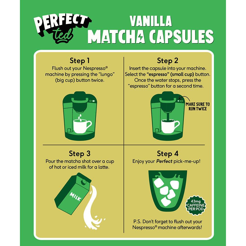 Herbalistas PerfectTed ceremonial grade vanilla matcha in Nespresso-compatible capsules, shown with vanilla bean accents.