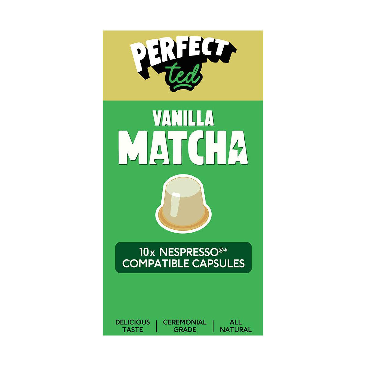 Herbalistas PerfectTed Ceremonial Grade Vanilla Matcha Nespresso capsules, with vanilla flavor and green matcha powder visible.