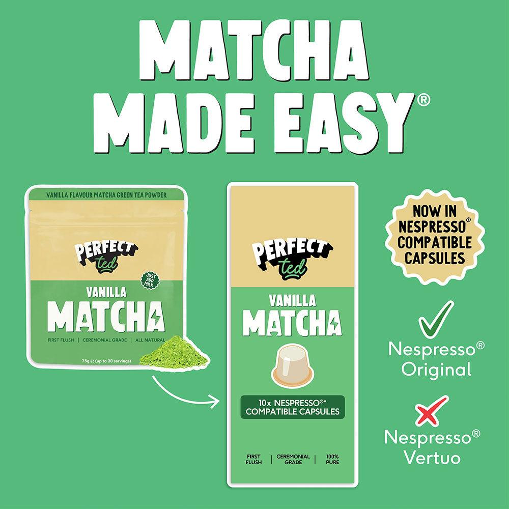 Herbalistas PerfectTed Ceremonial Grade Vanilla Matcha capsules for Nespresso, displayed in a row with green and vanilla-colored packaging.