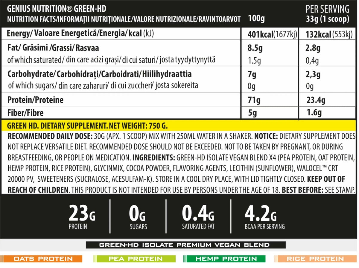 Vegan Protein Green-HD Genius Nutrition protein powder in 750g container, showing the green supplement packaging and label details.