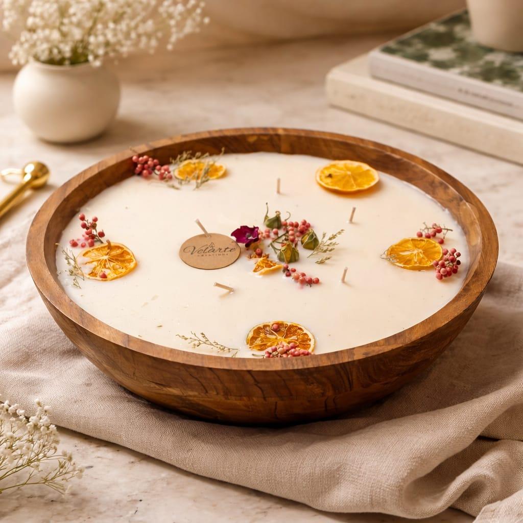 Velarte Grande soy wax candle in a wooden bowl with a natural wick, showcasing a warm, minimalist design.
