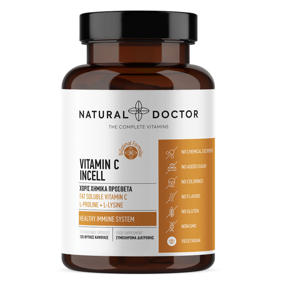 VITAREA Natural Doctor Vitamin C Incell supplement in a bottle with 120 vegetarian capsules, designed for immune support.