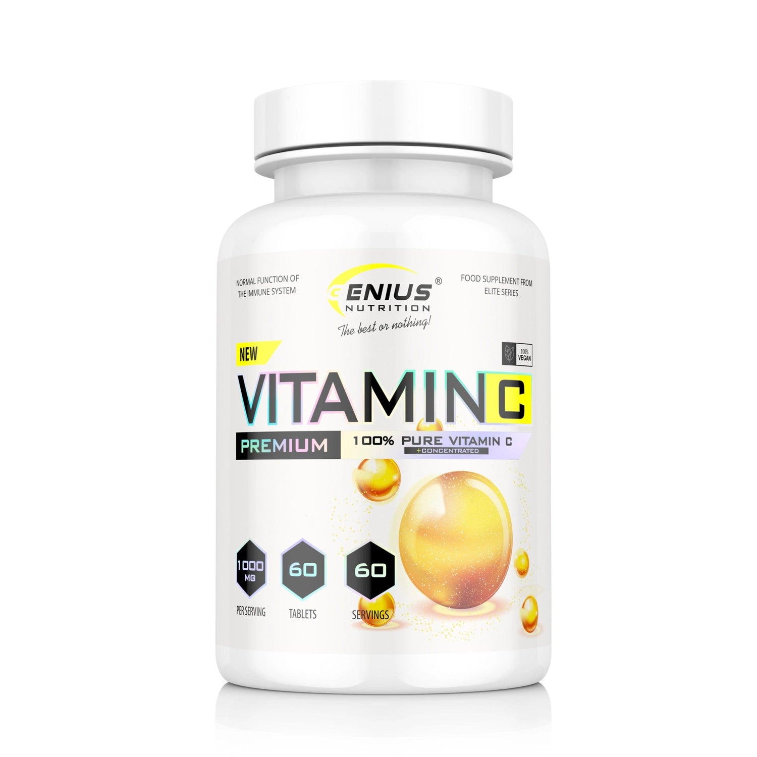 Bottle of Genius Nutrition Vitamin C supplement with 60 tablets, showcasing the label and tablet details.