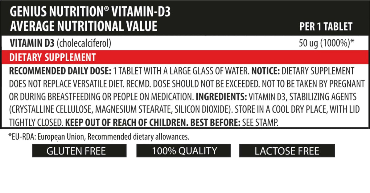 Genius Nutrition Vitamin D3 supplement bottle with 90 tabs, dietary supplement for immune support and bone health.