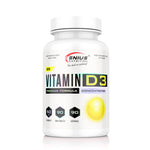 Genius Nutrition Vitamin D3 supplement bottle with 90 tablets, showing label and tablets inside the container.