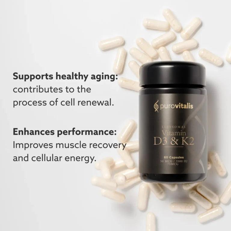 Herbalistas Purovitalis Liposomal Vitamin D3 & K2 supplement capsules, 2000 IU, in a white bottle with label.