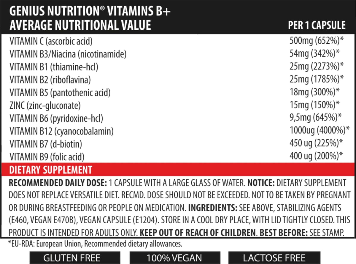 Genius Nutrition Vitamins B+ supplement in a bottle of 60 capsules, dietary supplement for energy and overall health.