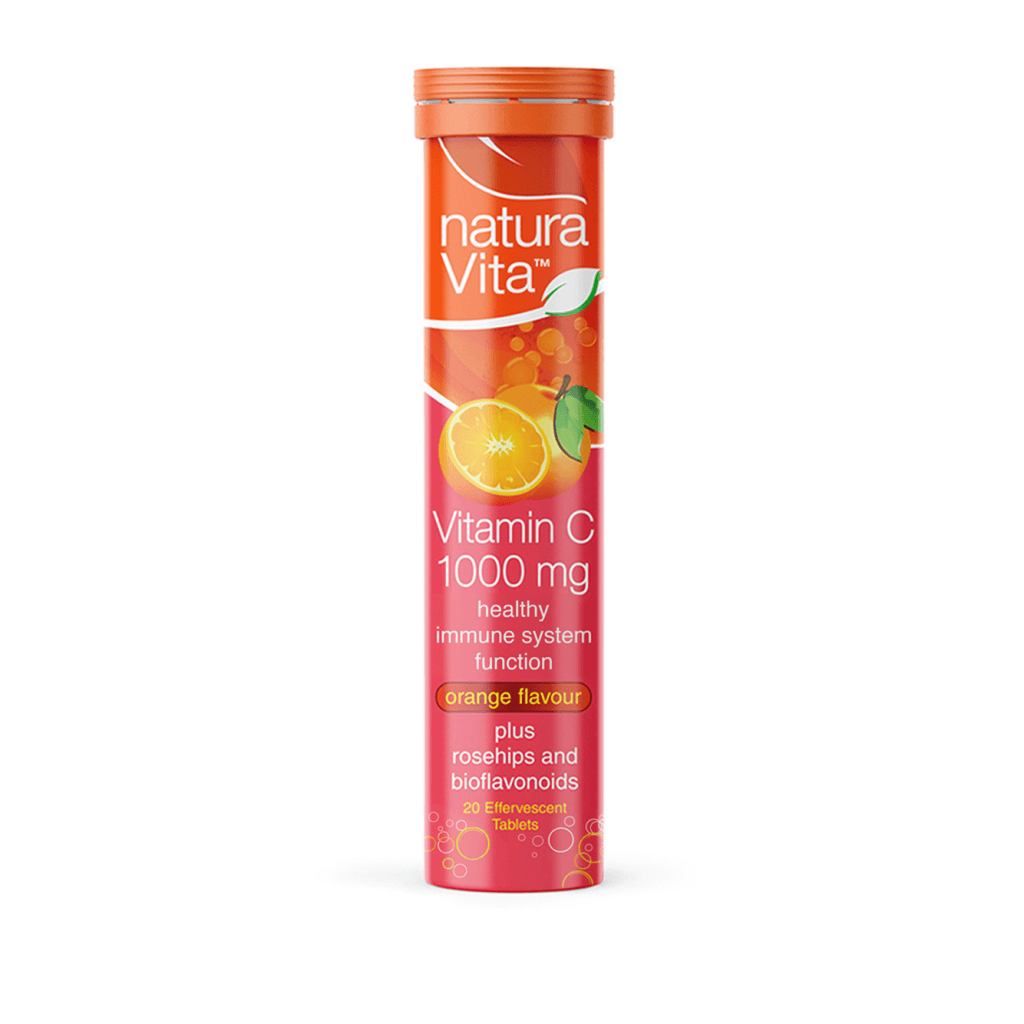 Vitamin C 1000 mg supplement by MKSTAVRINOS, featuring orange-flavored tablets with rosehips and bioflavonoids.