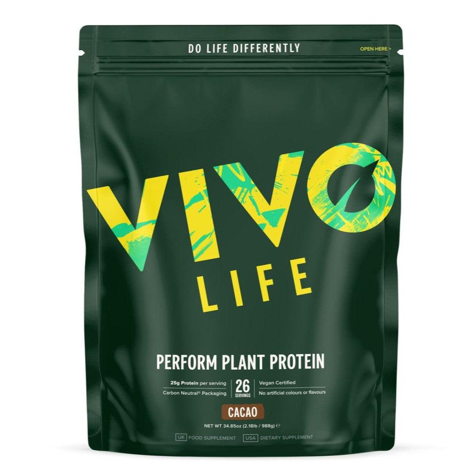 Vivo Life PERFORM Raw Plant Protein & BCAA powder in cacao flavor, showing the product container and packaging.