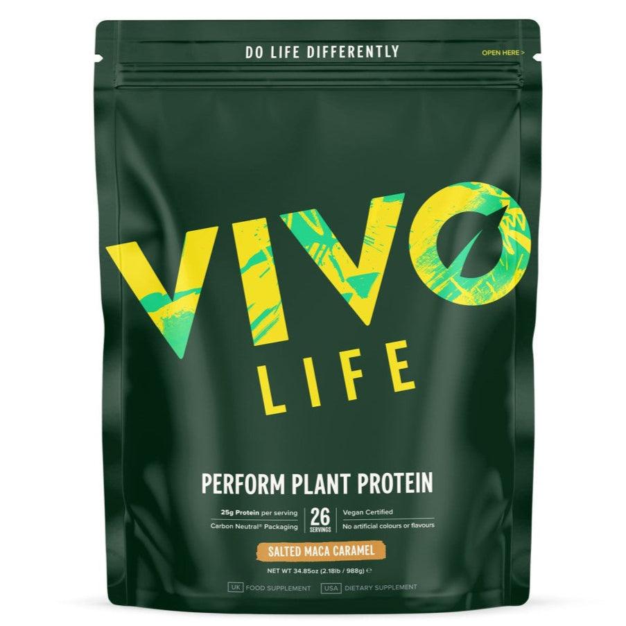 Large Vivo Life PERFORM Raw Plant Protein & BCAA powder with Maca and Caramel flavor in a resealable bag.