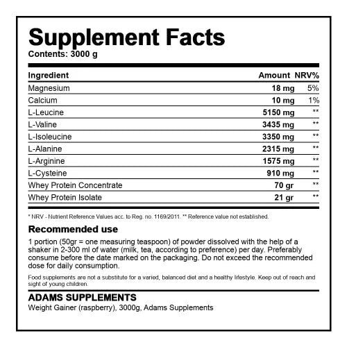 Adams Supplements Muscle-Building Protein in chocolate flavor, 1500g pack with weight gainer and nutritional facts on the label.