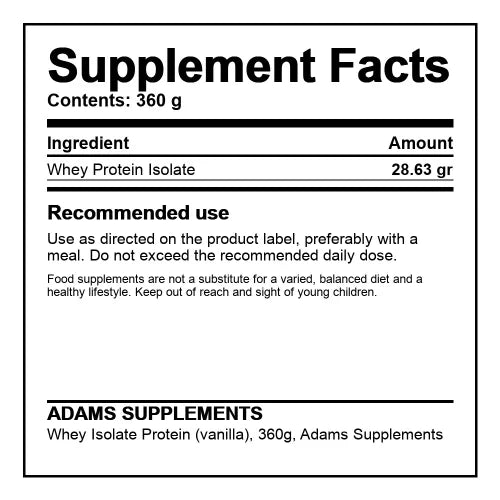 OLD PRODUCTS Adams Supplements Vanilla Whey Isolate Protein 360g, showing the product packaging with flavor and serving size details.