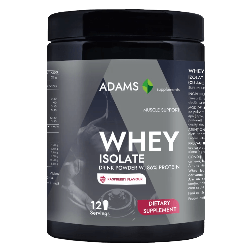 Adams Supplements raspberry whey isolate protein supplement in 360g container, showing the label and scoop with powder.