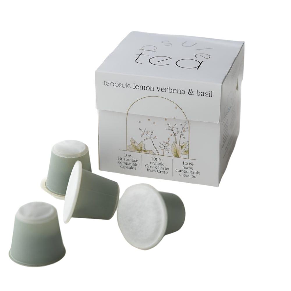 Tea capsule by TEAPSULE featuring Lemon Verbena and Basil, showing 10 capsules in a clear container.