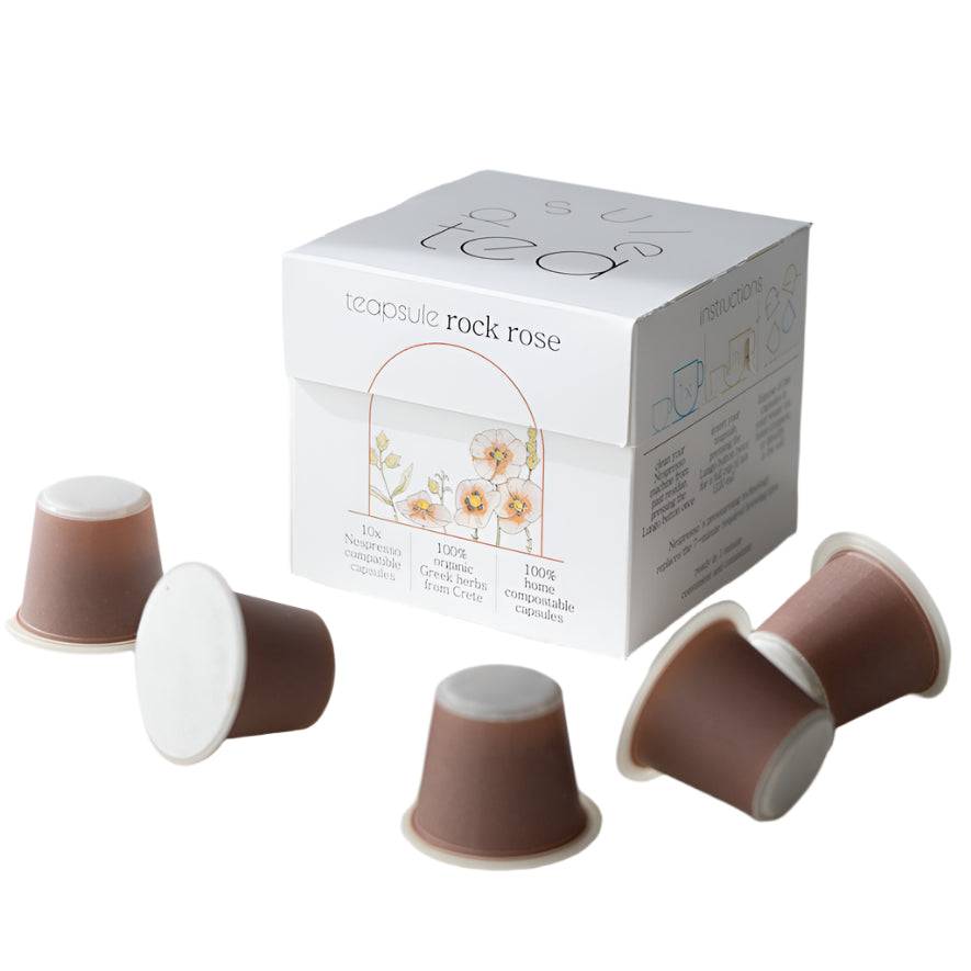 Teapsule Rock Rose (labdanum) tea capsules, 10-pack, natural herbal tea product with dried rock rose flowers in clear capsule packaging.
