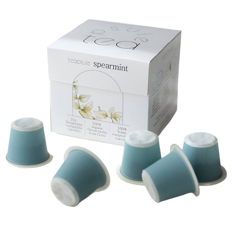Teapsule Spearmint tea capsules, 10-count, natural herbal supplement in a clear blister pack, fresh spearmint leaves on the package.