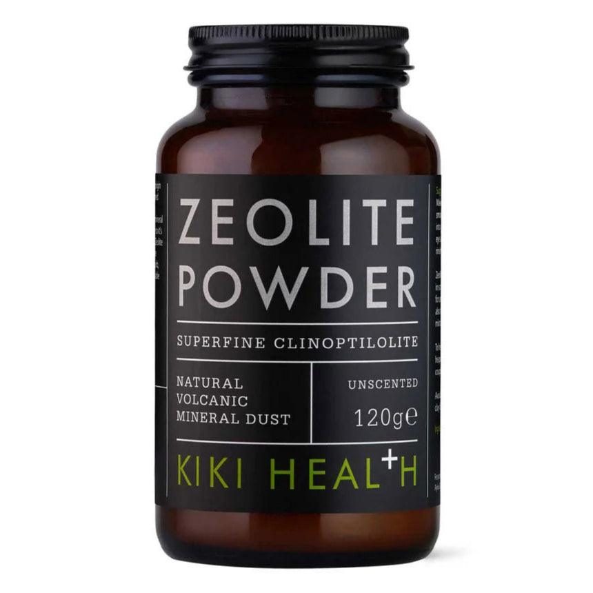 Kiki Health Zeolite Powder 120g, natural mineral supplement for skincare, in a clear jar with a scoop, branded Herbalistas.