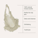 Herbalistas Kiki Health Zeolite Powder in 120g jar, showing the powder and infographic details for skin care benefits.