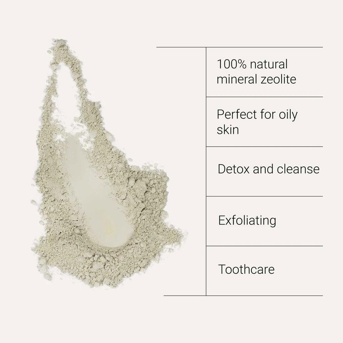 Herbalistas Kiki Health Zeolite Powder in 120g jar, showing the powder and infographic details for skin care benefits.