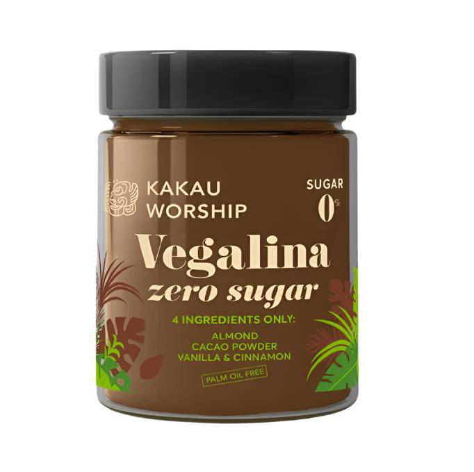 Vegalina Zero Sugar spread by Kakau Worship in a 200g jar, showing smooth, creamy texture with a spoonful ready to enjoy.