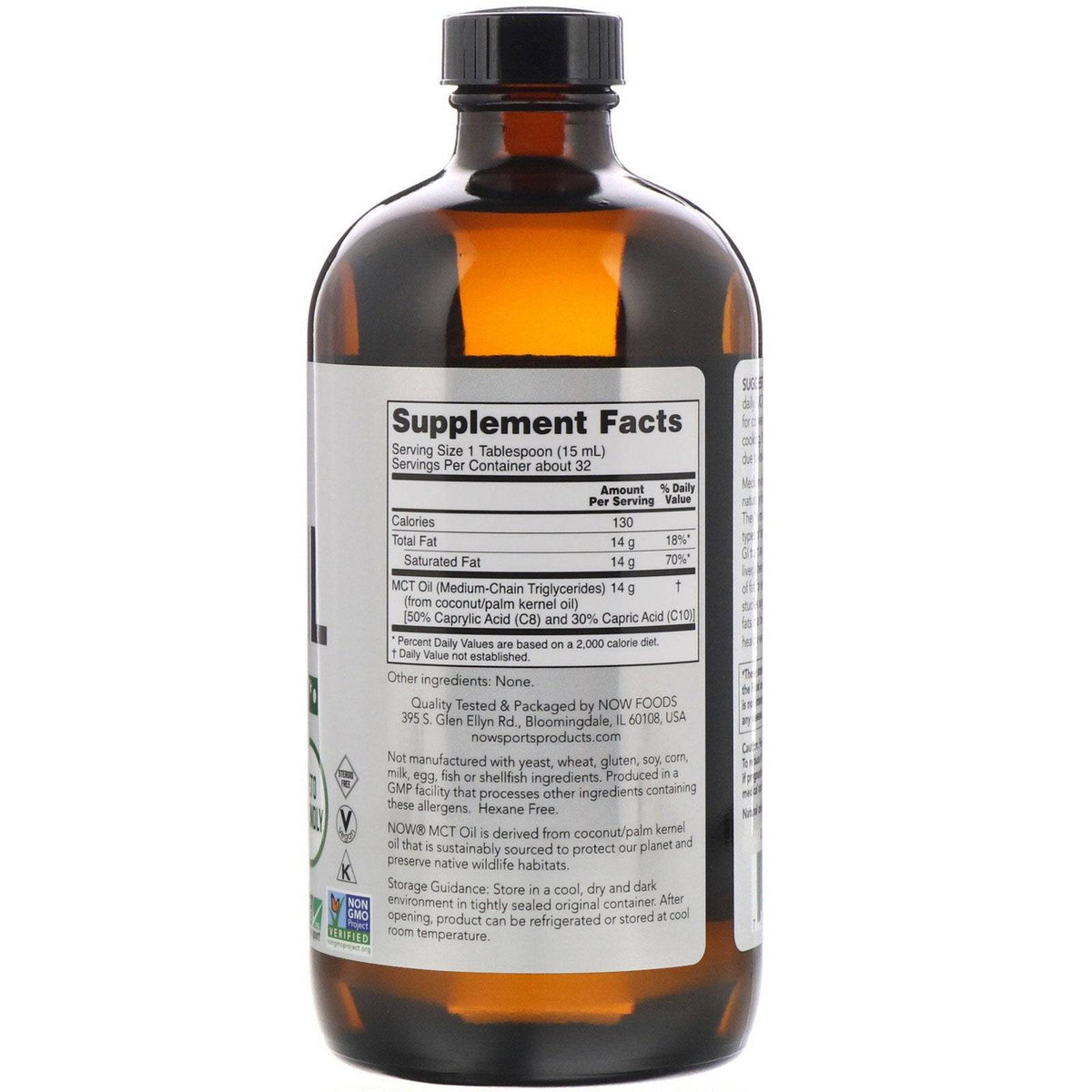 MKSTAVRINOS NOW Foods MCT Oil supplement bottle, unflavored, 16 fl oz (473ml) for energy and keto diet support.