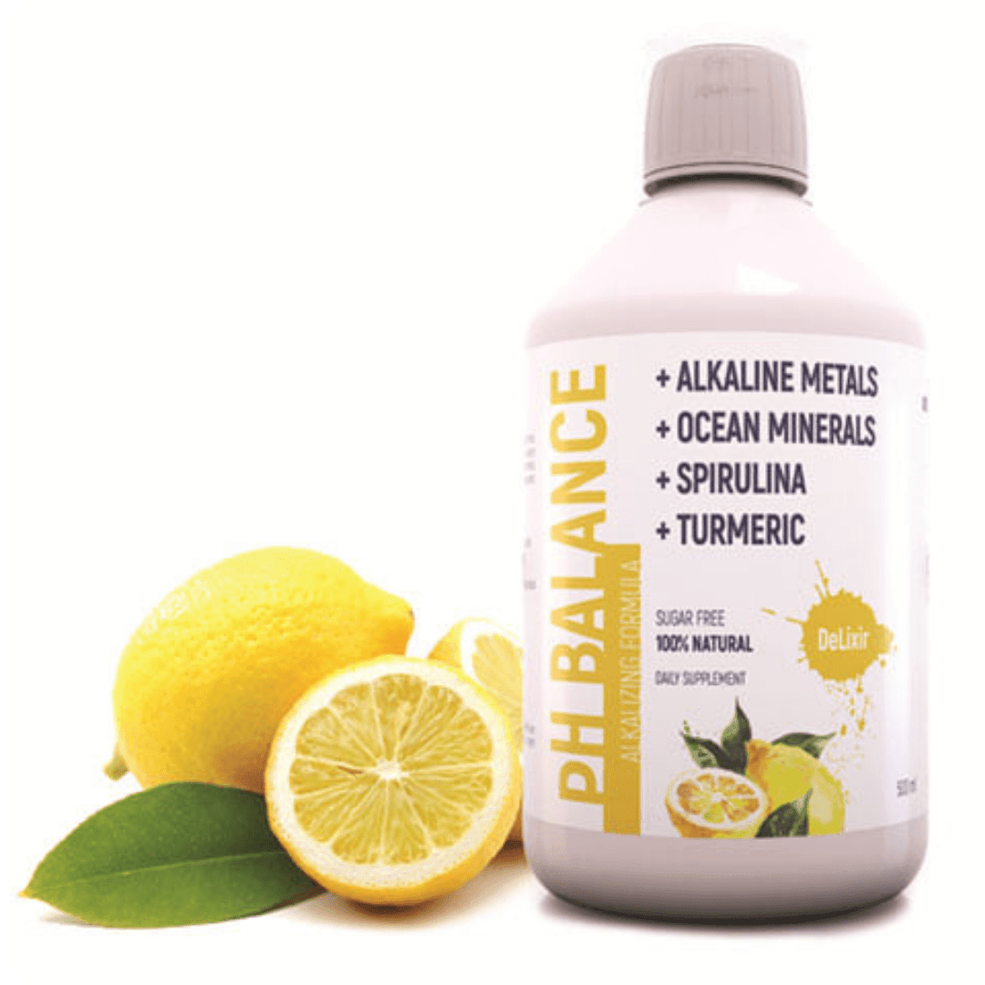 DeLixir pH Balance supplement bottle by DETA ELIS, showing the label and product packaging on a white background.