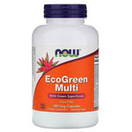 EcoGreen Iron-Free Multi supplement by NOW Foods in 180 capsules, showing the supplement bottle and capsules.