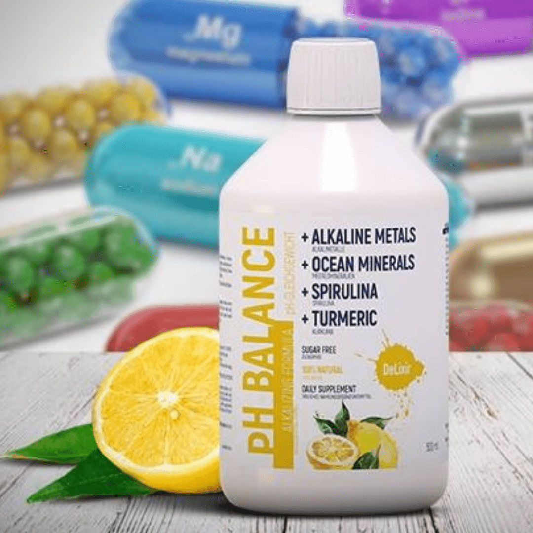 DeLixir pH Balance supplement by DETA ELIS, showing the bottle with label and supplement capsules on a white background.