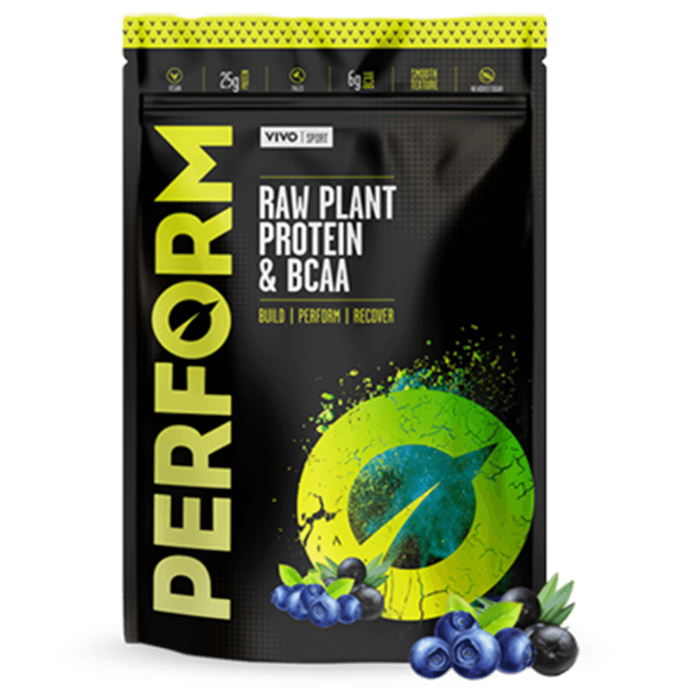 Large container of VIVO LIFE PERFORM Raw Plant Protein & BCAA protein powder with scoop and label showing ingredients.
